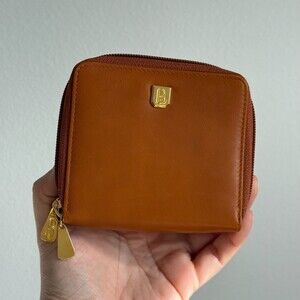 Bosca Leather Zip Around Wallet Camel Caramel Color Gold Hardware Card Slot Coin